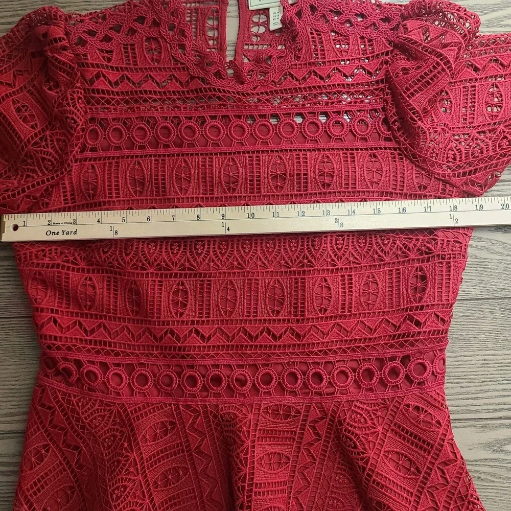 Moulinette Soeurs Anthropologie Red Crochet Lace Peplum Blouse Romantic Boho‎ 10